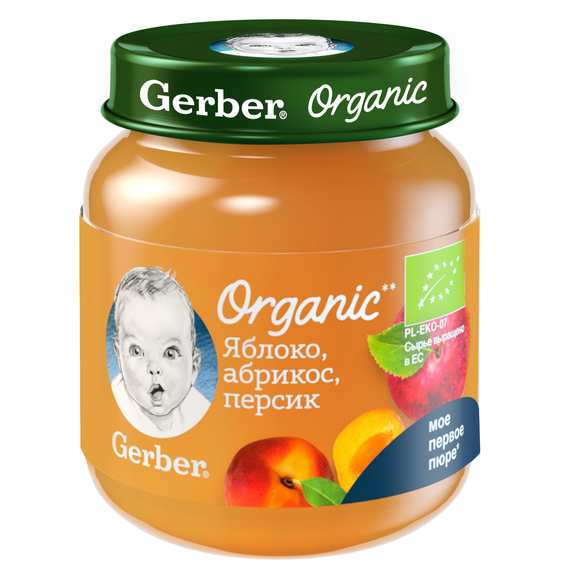 Gerber Organic Яблоко, абрикос, персик с 5мес 125г фруктовое органическое пюре (Гербер)