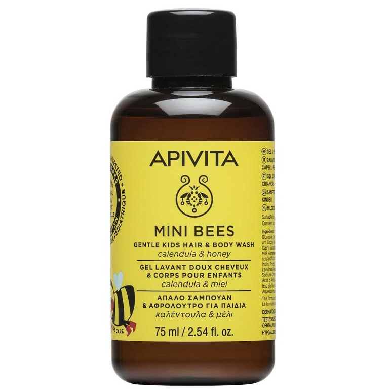 Mini Bees детский гель для тела и волос с календулой и медом нежный очищающий 75мл Апивита Маленькие пчелки